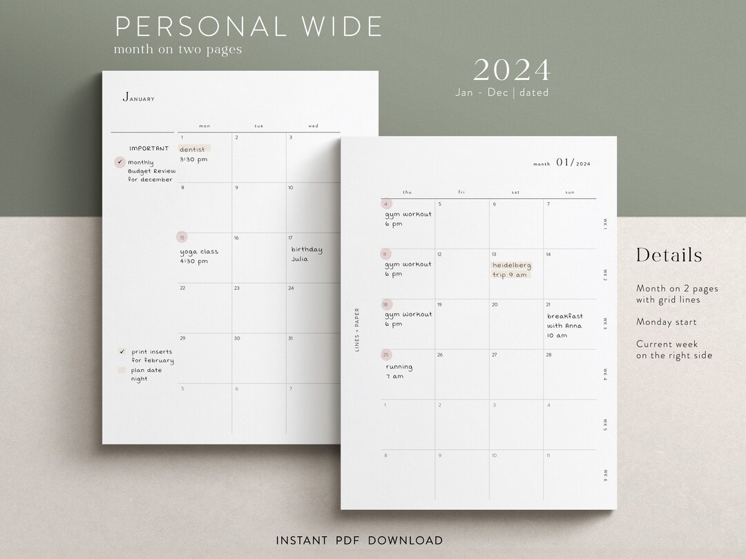 Personal Wide 2024 Monthly Dated Planner Inserts Jan-dec PDF Download ...