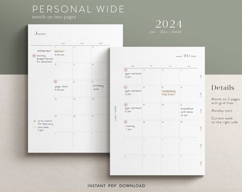 Personal Wide / PW -  2024 Monatsübersicht auf 2 Seiten datiert - Jan - Dez - PDF download - funktional & minimal design - MO2P