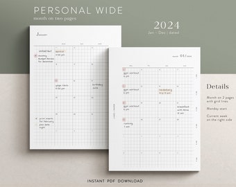 Personal Wide - 2024 -Monatsübersicht auf 2 Seiten datiert - kariert - Jan - Dez - PDF download - funktionales Design - MO2P / PW