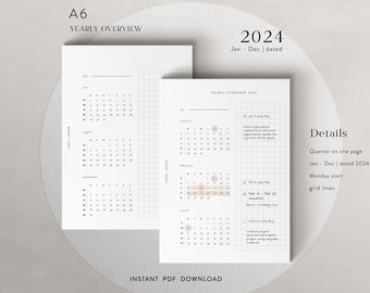 A6 2024 Quartalsübersicht Planer-Einlagen - datiert, PDF-Download - funktional mit Quartalskalender & Jahresübersicht