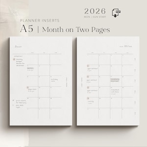 A5 Monthly Planner Inserts 2026 | Monthly Overview | Printable PDF Download | for Filofax, Moterm & more | MO2P | Month on two Pages