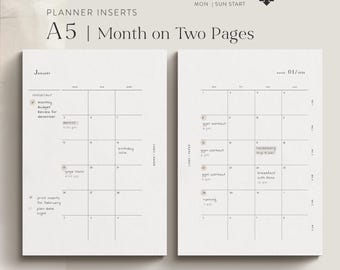 A5 Monthly Planner Inserts 2026 | Monthly Overview | Printable PDF Download | for Filofax, Moterm & more | MO2P | Month on two Pages
