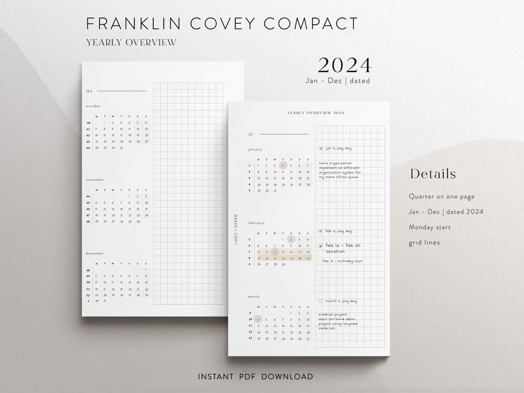Franklin Covey Compact 2024 Quarterly Overview Planner Insert Dated