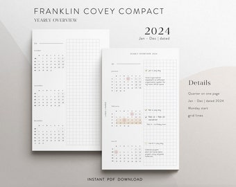 Franklin Covey Compact 2024 Quartalsübersicht Planer-Einlagen - datiert, PDF-Download - Minimal mit Quartalskalender & Jahresübersicht FCC