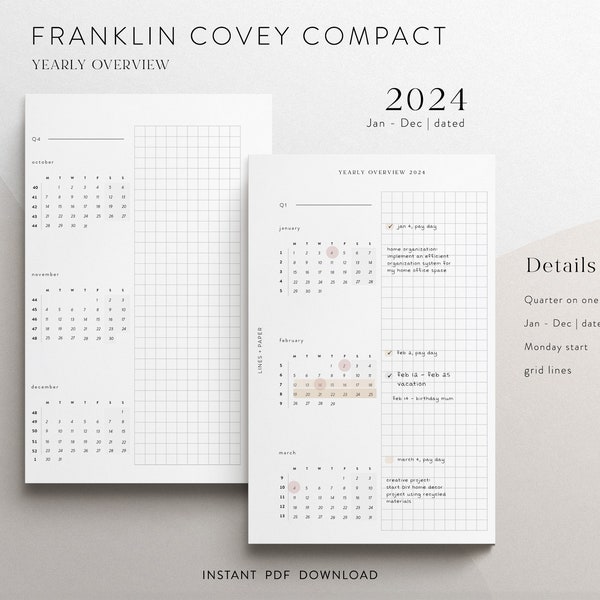 Franklin Covey Compact 2024 Inserts de planificateur d'aperçu trimestriel - Daté, Téléchargement PDF - Minimal avec calendrier trimestriel et aperçu annuel FCC