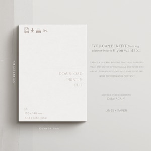 K&ouml;nnte beinhalten: Ein wei&szlig;er A6-Planereinsatz mit dem Text "DOWNLOAD PRINT & CUT". Der Einsatz misst 105 x 148 mm und enth&auml;lt den Text "YOU CAN BENEFIT from my planner inserts if you want to..."