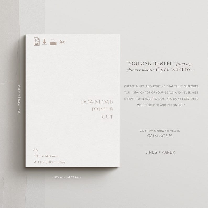 K&ouml;nnte beinhalten: Ein wei&szlig;er A6-Planereinsatz mit dem Text "DOWNLOAD PRINT & CUT". Der Einsatz misst 105 x 148 mm und enth&auml;lt den Text "YOU CAN BENEFIT from my planner inserts if you want to..."