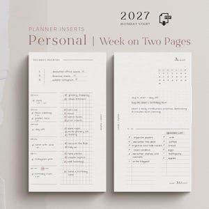May include: Two white planner insert pages for 2027 with a Monday start. The left page features a weekly schedule with a priorities list and a grid for tasks. The right page includes an August calendar, a dot grid section, and a grocery list.