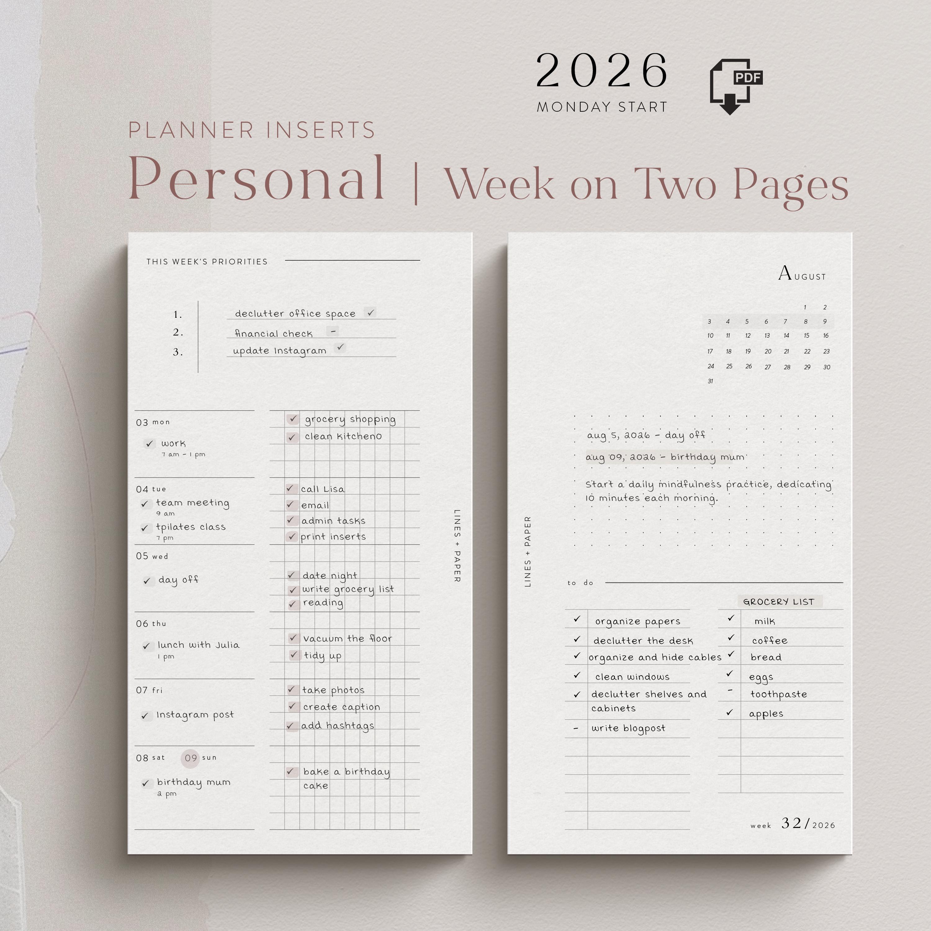 Personal Planner Inserts 2026 | Weekly Horizontal Planner | Filofax ...