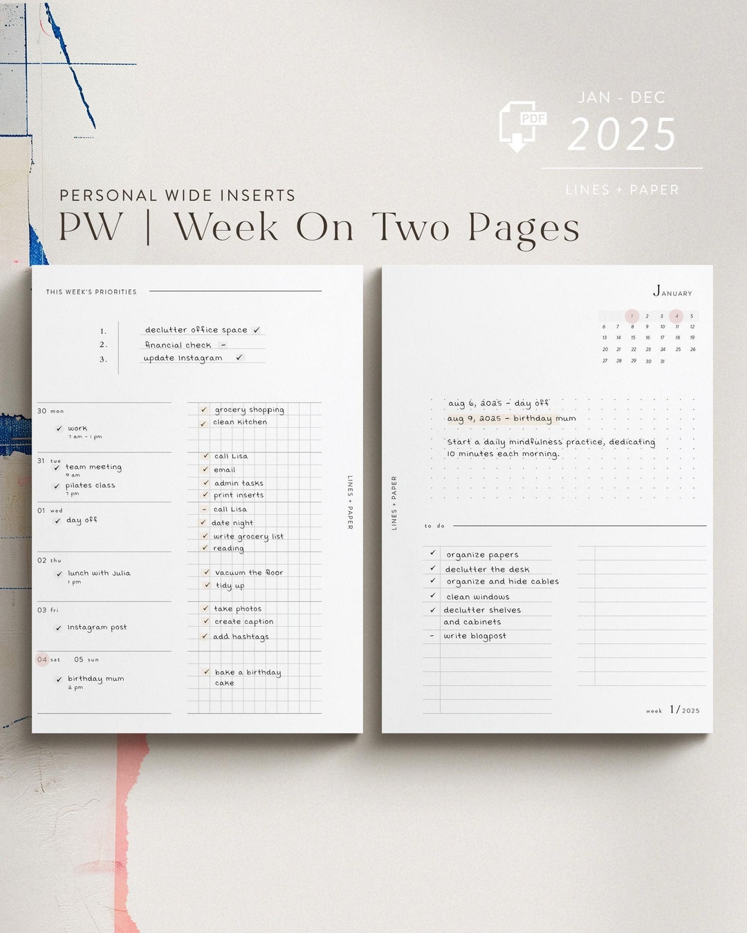 Personal Wide Weekly 2025 Planner Inserts - Printable PDF Download ...