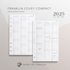 フランクリン・コヴィー・コンパクト年次概要 2025 |縦型カレンダーインサートリングプランナー |マーキング用の追加列を備えたミニマリスト | PDF
