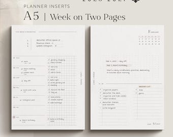 A5 Planner Inserts | Sep 2026 - Aug 2027 | Weekly Overview | 1 Week on 2 Pages | Monday Start | Printable PDF