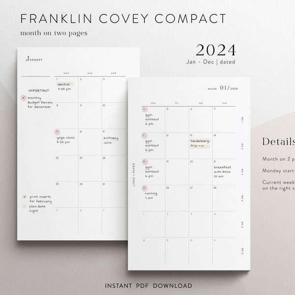 Franklin Covey Compact 2024 monthly planner inserts Jan - Dec 2024 - printable PDF download - functional & minimal design