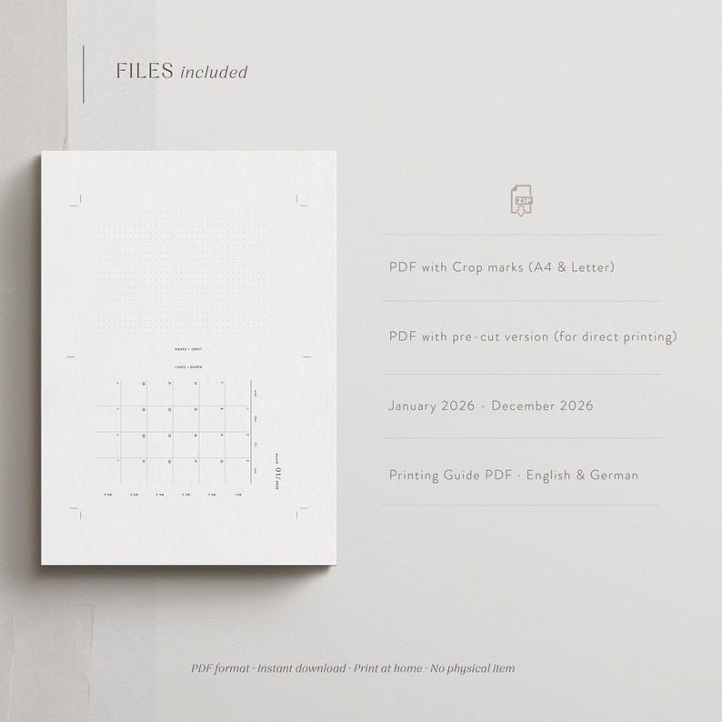 K&ouml;nnte beinhalten: Eine minimalistische, druckbare Planerseite in Wei&szlig;- und Graut&ouml;nen. Die Seite enth&auml;lt ein Kalenderraster, ein Punktraster und den Text "FILES included" und "Januar 2026 - Dezember 2026". Der Planer ist im PDF-Format erh&auml;ltlich.