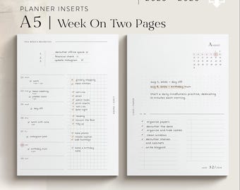 A5 Weekly Planner Inserts | August 2025 – August 2026 | Printable PDF download - Functional Design - WO2P | Inserts for Filofax