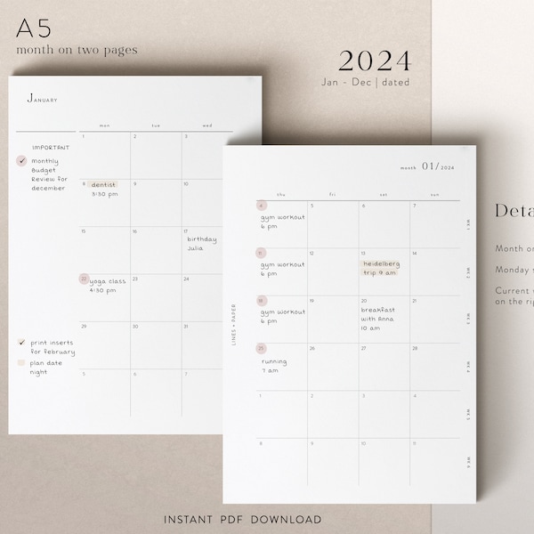 A5 - 2024 monthly dated planner inserts - Jan-Dec - PDF download - functional and minimal design - MO2P - printable pages