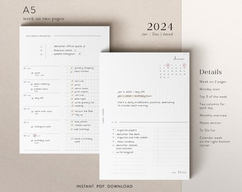 A5 - 2024 weekly planner inserts - printable PDF download - functional design - WO2P | two-column layout with monthly overview