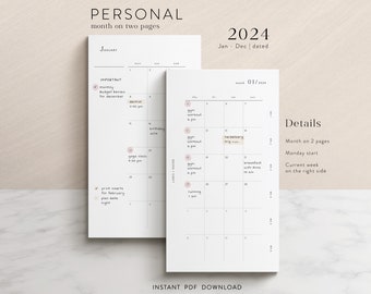 Personal 2024 monthly planner inserts - Jan-Dec - PDF download - functional and minimal design - MO2P - printable pages