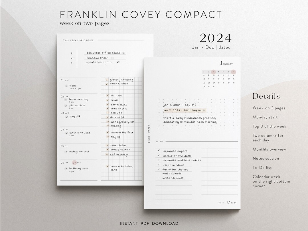 Franklin Covey Compact 2024 Weekly Planner Inserts Printable PDF