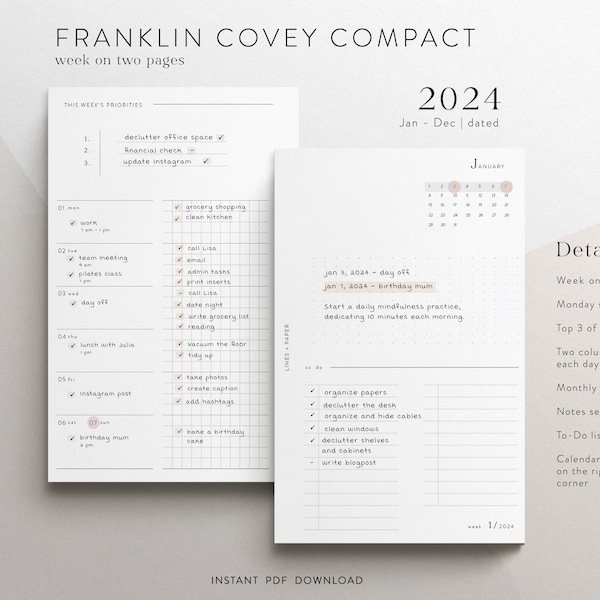 Franklin Covey Compact - Weekplan Inserts 2024, printbaar PDF-bestand, download, functioneel ontwerp, 1 week op 2 pagina's, maandoverzicht