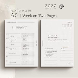 Könnte beinhalten: A5 Planer-Einlagen mit einer Wochenübersicht auf zwei Seiten für 2027 mit Wochenstart am Montag. Die weißen Seiten enthalten Bereiche für Prioritäten, Tagespläne, Aufgabenlisten, eine Einkaufsliste und einen Februar-Kalender. Text: 2027, Monday Start, A5, Week on Two Pages, This Week's Priorities, Lines + Paper, February, Week 5/2027.