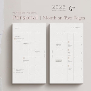 Personal Monatsübersicht 2026 | Kalender Einlagen für dein Ringbuch | PDF Download | 1 Monat auf 2 Seiten | für Filofax Personal & mehr