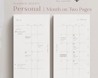 Personal - Monthly Planner Inserts 2026 | Month on two Pages MO2P | Monthly Overview | Printable PDF Download | for Filofax, Moterm & more