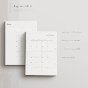 K&ouml;nnte beinhalten: Monatskalender auf zwei Seiten mit Januar-Ansicht. Der Kalender bietet eine strukturierte und ruhige &Uuml;bersicht mit Wochennummern und Notizen auf der linken Seite. Der Text "Layout Details" und "structured and calm overview" stehen oben.