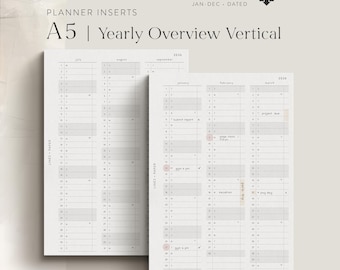 A5 Planner Inserts 2026 | Year at a Glance | January to December | Vertical Layout with Week Numbers | Printable PDF | Filofax A5