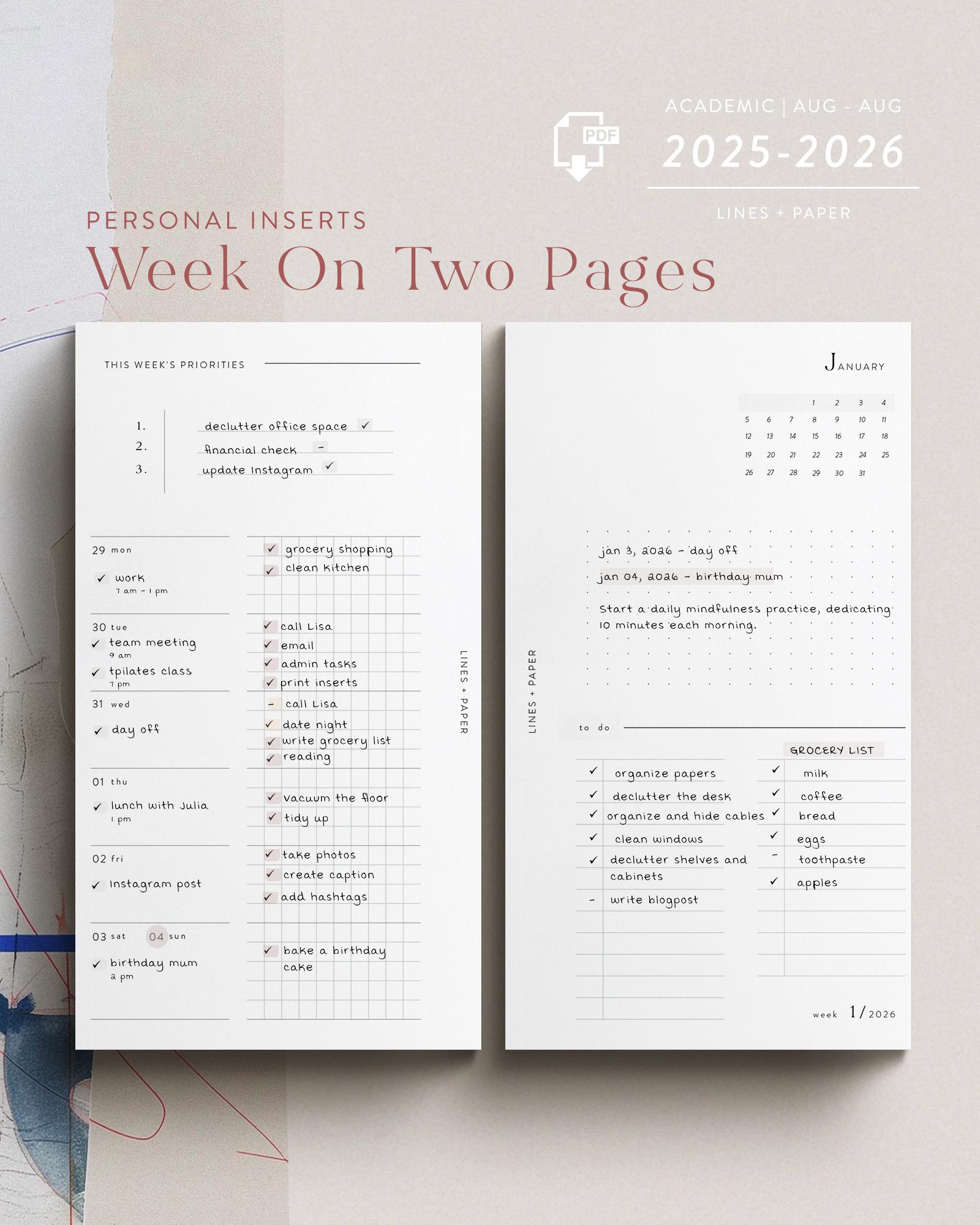Personal Kalendereinlagen Aug 2025–Aug 2026 | Für deinen Filofax Personal | Ringbuch Einlagen | 1 Woche auf 2 Seiten | PDF-Download