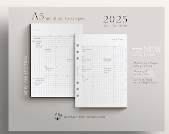 A5 - 2025 monthly planner inserts with gird lines - dated - Jan - Dec - printable - PDF download - functional & minimal design - MO2P