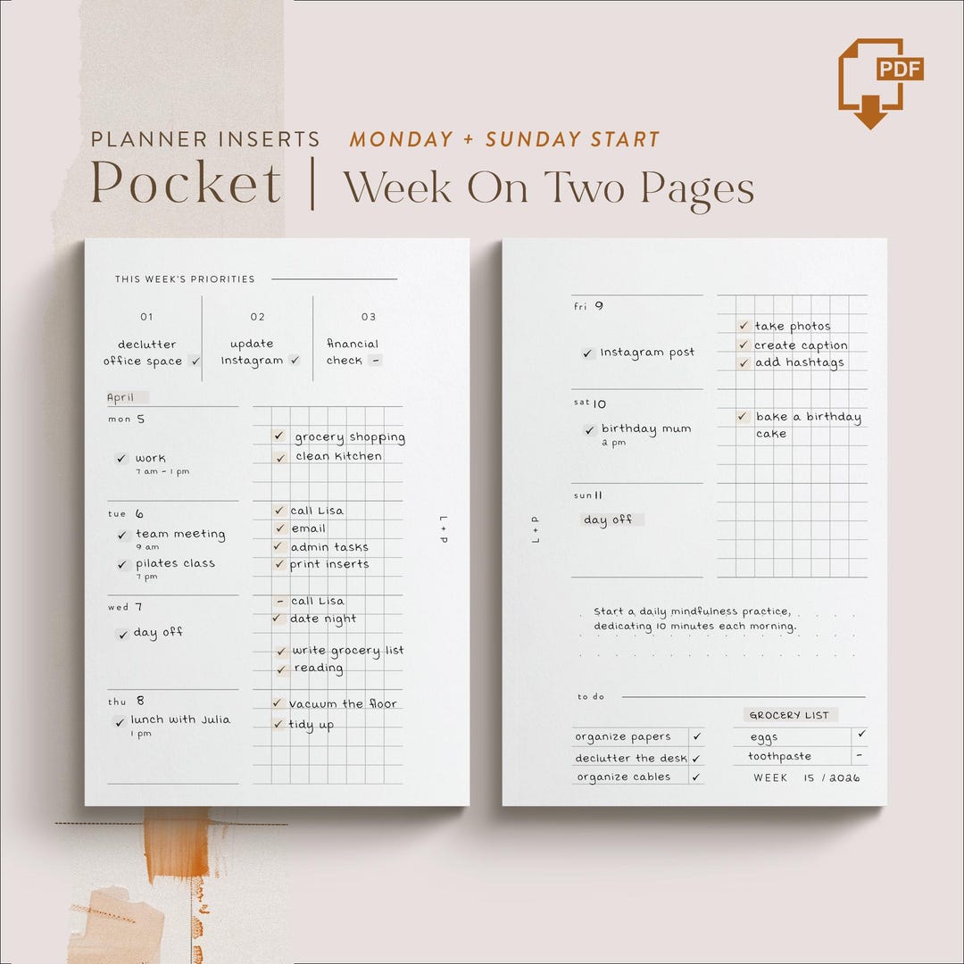 Pocket Weekly Planner Inserts | Undated Layout | 1 Week on 2 Pages ...