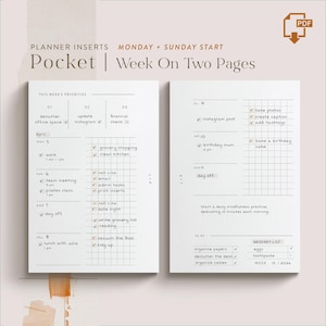 May include: Two-page planner inserts with a Monday and Sunday start. The left page has a weekly priority list and daily tasks. The right page includes a to-do list and a grocery list. The text includes "Pocket | Week On Two Pages."