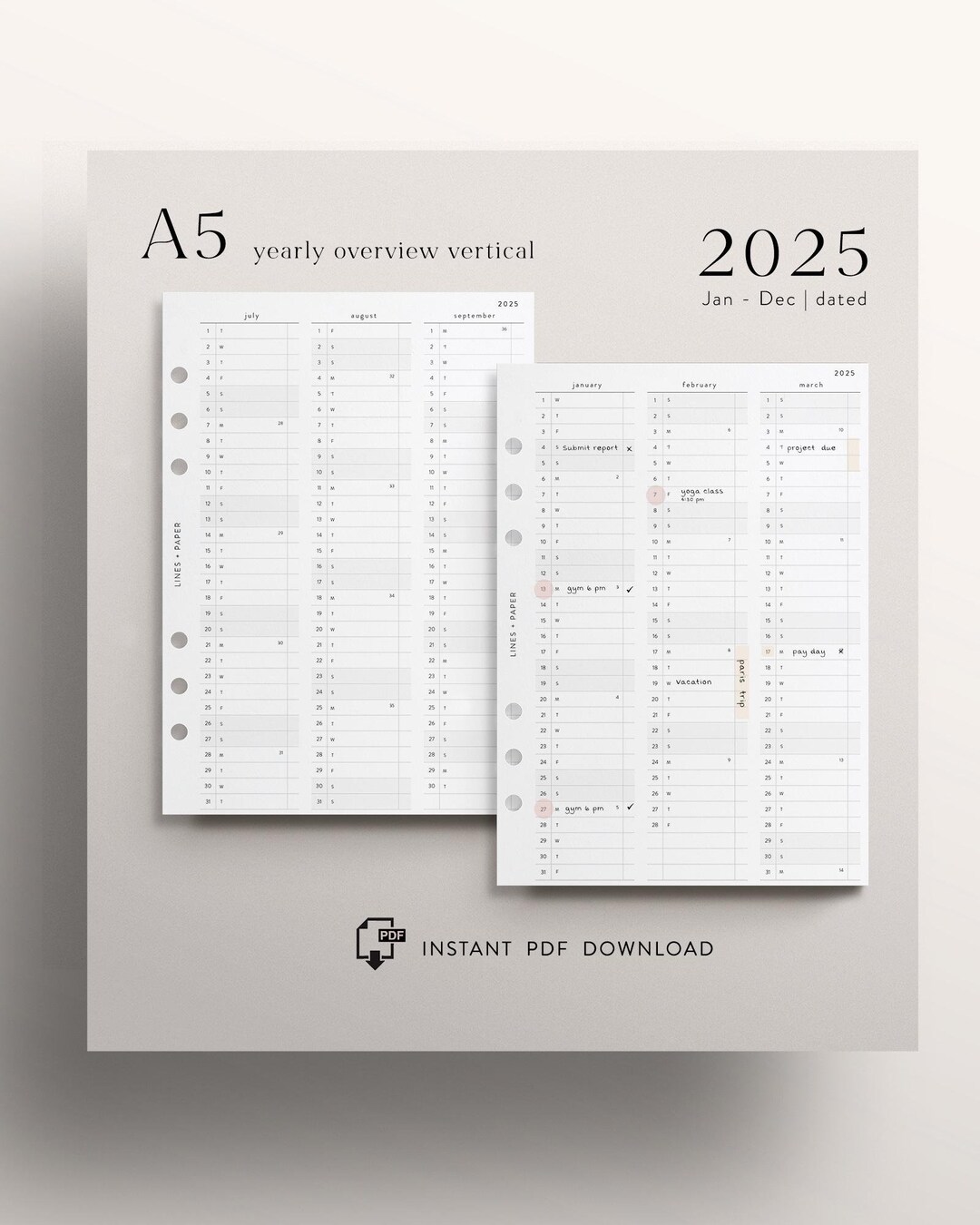 A5 Yearly Overview 2025 | Printable Vertical Calendar Insert | Minimal ...