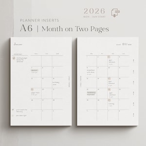 May include: A6 planner inserts for 2026, featuring a month-on-two-pages layout. The January calendar is displayed, with space for notes and appointments. The design is minimalist with a neutral color palette.
