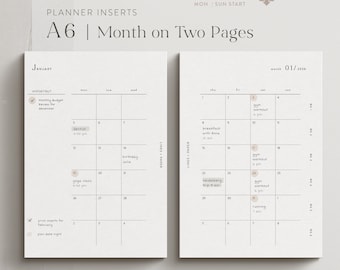 A6 - Monthly Planner Inserts 2026 | Month on Two Pages MO2P | Monthly Overview | Printable PDF Download | clear design