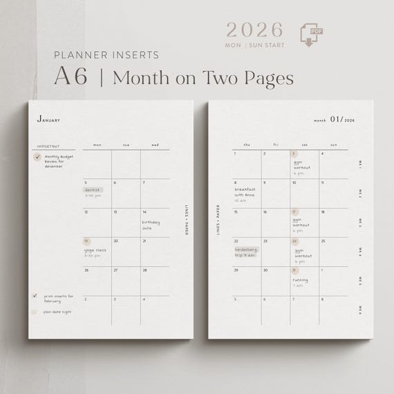 A6 Monatsübersicht 2026 | A6 Kalendereinlagen Ringplaner | PDF Download | 1 Monat auf 2 Seiten |  Ruhiges Layout | Kalender mit KW Angabe