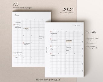 A5 - 2024 monthly planner inserts with gird lines - dated - Jan - Dec - printable - PDF download - functional & minimal design - MO2P