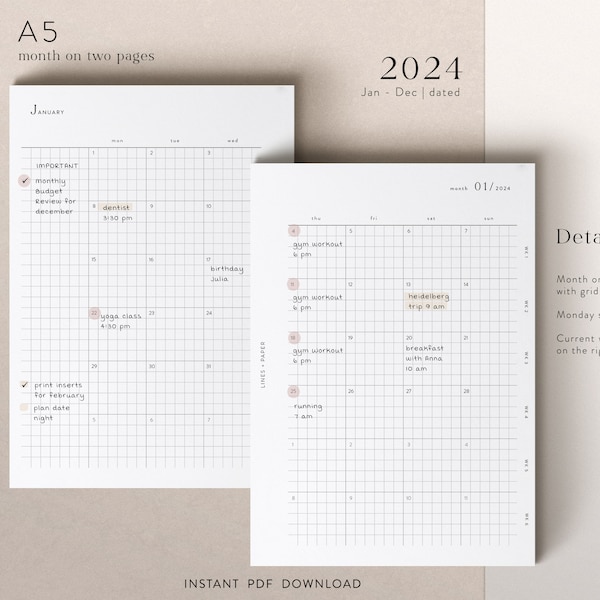 A5 - 2024 Monatsübersicht auf 2 Seiten datiert - kariert - Jan - Dez - PDF download - funktionales Design - MO2P