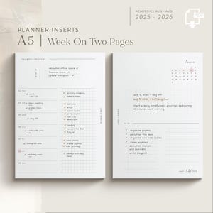 A5 Weekly Planner Inserts | August 2025 – August 2026 | Printable PDF download - Functional Design - WO2P | Inserts for Filofax