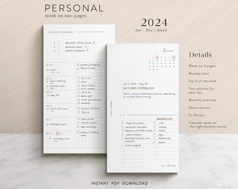 Personal 2024 weekly planner inserts - printable PDF download - functional design - WO2P | two-column layout with monthly overview