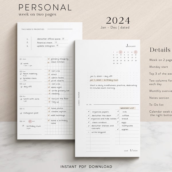 Personal 2024 weekly planner inserts - printable PDF download - functional design - WO2P | two-column layout with monthly overview