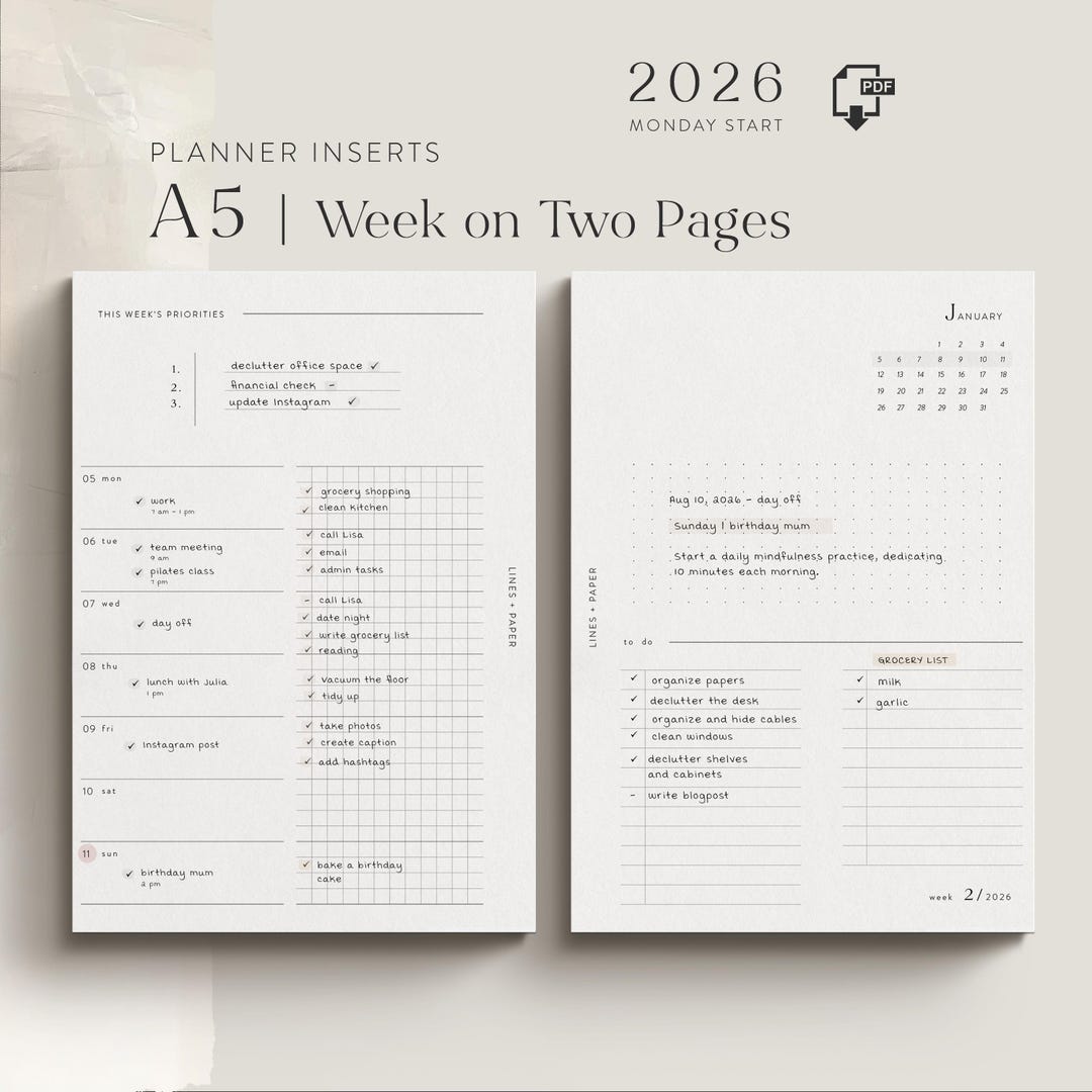 A5 Weekly Planner Inserts 2026 | Weekly Overview Printable | 1 Week on ...