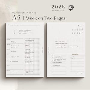 Könnte beinhalten: A5-Planereinlagen mit Wochen-auf-zwei-Seiten-Layout. Die linke Seite hat eine To-Do-Liste und Prioritäten, die rechte Seite einen Kalender und eine Einkaufsliste. Das Design ist minimalistisch mit einem Rastermuster und dem Jahr 2026.