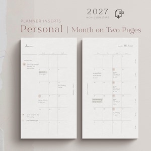 Puede incluir: Recambios de agenda tamaño personal con diseño de mes en dos páginas para 2027. El papel blanco muestra un calendario de cuadrícula con entradas escritas a mano, incluyendo "monthly budget review", "dentist", "birthday" y "yoga class".