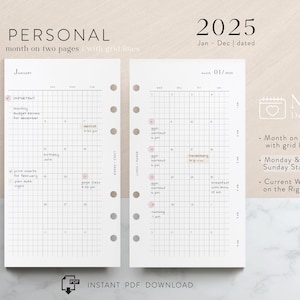 Personal 2025 monthly planner inserts with grid lines - Jan - Dec 2025 - printable PDF download - functional & minimal design - MO2P