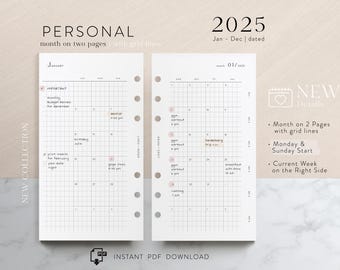 Personal 2025 - Monatsübersicht auf 2 Seiten datiert - kariert - Jan - Dez - PDF download - funktionales Design - MO2P