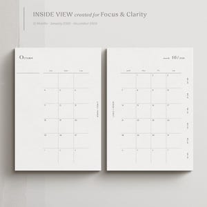K&ouml;nnte beinhalten: Ein minimalistischer Kalender f&uuml;r Oktober 2026 mit dem Text "INSIDE VIEW created for Focus & Clarity" und "12 Months - January 2026 - December 2026". Der Kalender ist auf cremefarbenem Papier mit einem einfachen Raster gedruckt.