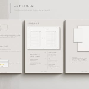 K&ouml;nnte beinhalten: Ein minimalistischer Druckleitfaden mit dem Text "with Print Guide" und "Printable setup mode simple includes step-by-step guide". Der Leitfaden enth&auml;lt Anweisungen zum Drucken mit Schnittmarken.