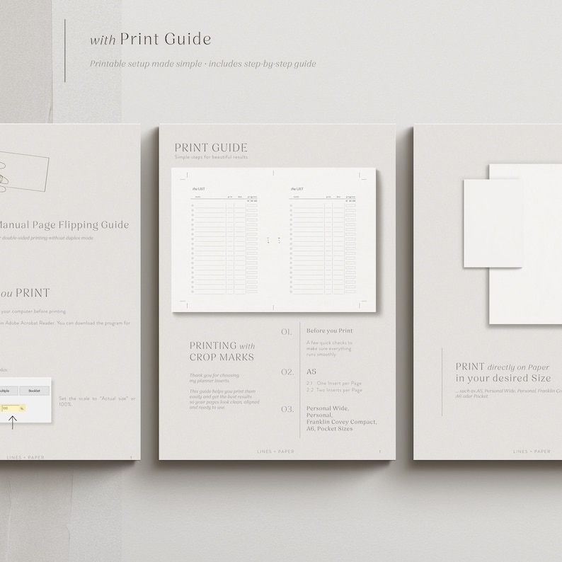 K&ouml;nnte beinhalten: Ein minimalistischer Druckleitfaden mit dem Text "with Print Guide" und "Printable setup mode simple includes step-by-step guide". Der Leitfaden enth&auml;lt Anweisungen zum Drucken mit Schnittmarken.